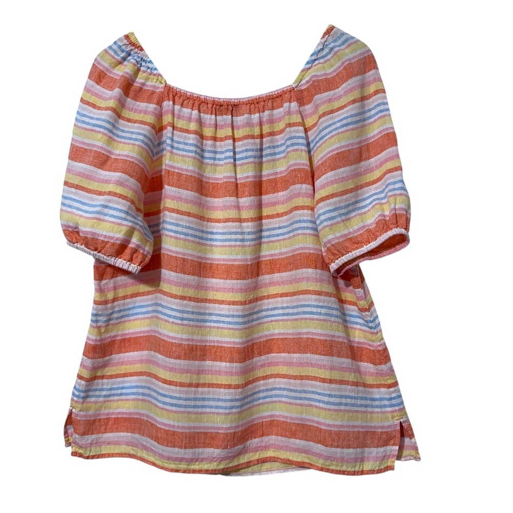 Talbots Striped Linen Top Womens Size L Puff Sleeves - Picture 2 of 5